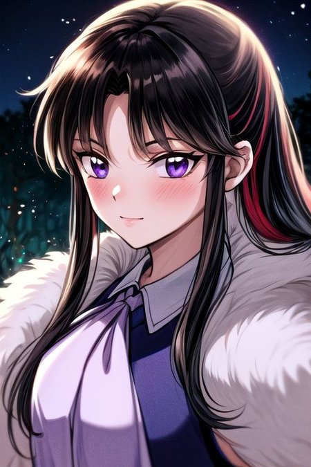 masterpiece,  best quality 1girl Setsun4 solo long hair,  (night time) forest background black hair very long hair purple eyes multicolored hair armor (fur trim) (medium body),<lora:EMS-179-EMS:0.800000>,<lora:EMS-293862-EMS:0.800000> bow, hair_bow, hair_tubes, red_bow, brown_hair, long_hair, bangs, ascot, frilled_bow, yellow_ascot, blush, smile, hair_between_eyes, athletic, armor, miko