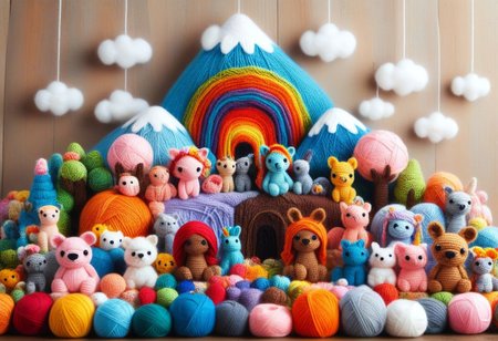 score_9, score_8_up, score_7_up, Yarnworld, rainbow colors, chibi animals, made of yarn, cute design, 
colorful detailed background,