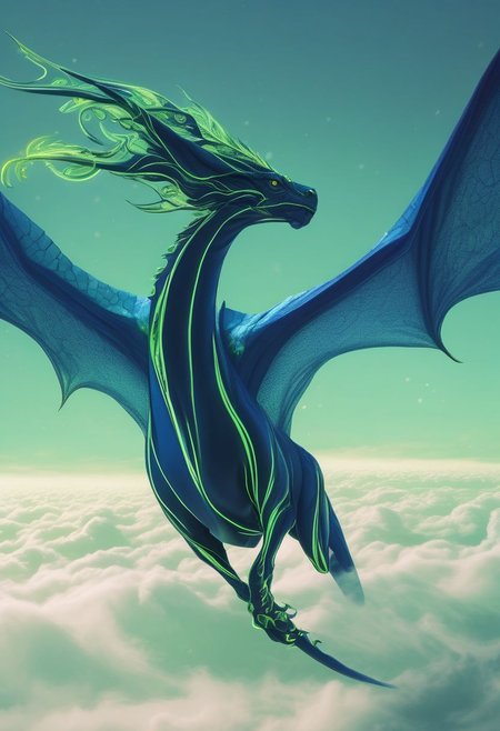 dark-blue wyvern flying on clear sky, happy vibes, sleek and aerodynamic body, two legs and wings, spread wings, wind gust pictured with smooth light-green lines and swirls, style-swirlmagic,  easynegative, ethereal aesthetic composition, fantastic view, bad-picture-chill-75v