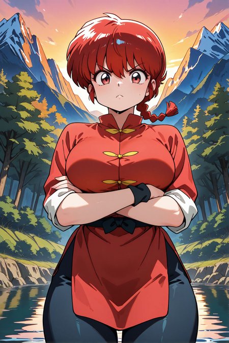 masterpiece,best quality,amazing quality,very aesthetic,absurdres,newest, huge filesize,
<lora:spo_sdxl_10ep_4k-data_lora_webui:0.5>,
<lora:ranma_2024_style:1> ranma2024_style, anime coloring, flat color, retro artstyle, ranma 1/2, ranma-chan, red eyes, red hair, large breasts, makeup,  single braid, red hanfu, chinese clothes,  black pants, standing, on_water, (wet:1.3), lake, nature, mountain,  outdoors, sunset, angry, looking at viewer, from below, angry, crossed arms, cowboy shot,