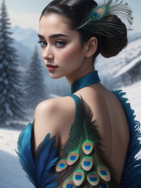 8k, masterpiece, highly detailed, realistic, photograph,
1girl wearing a peacock feather dress, <lora:peacock_feather_dress-XL-1.0:1>,
Sleek Bun, crisp snowscape, medium breasts