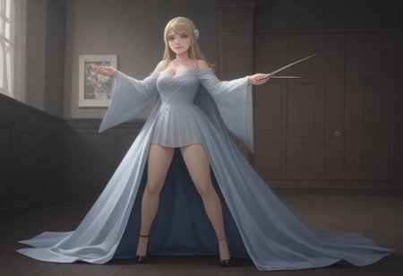 1 woman, yor briar, yor forgfer, holding iconic yellow sewing needle knives, wearing a blue Elsa dress, smiling, standing in an icy palace, black heels, big breasts with cleavage, elegant ballroom made of ice, squaring off against villains, saving Anya or Loid from distress, hair braided like Elsa, icy blue ballgown, dynamic pose