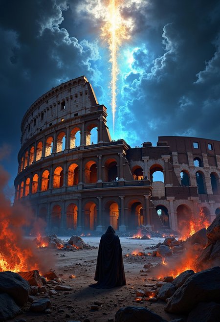 A grand, ancient Roman-style coliseum in the background, crumbling as neon blue and red smoke rises from its ruins. In the foreground, a cloaked figure stands alone, looking up at the collapsing symbol of human wisdom, as a divine light pierces through the dark clouds overhead, symbolizing the frustration of worldly intelligence.