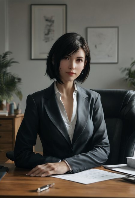 score_9, score_8_up, score_7_up, BREAK, (fit body, detailed eyes, detailed face, detailed background), (photorealistic, realistic, ultra realistic) ,Tifa,1girl, upper body, 
in the office, she cross her arms over her chest,  she is standing in the office, office background, desk, chair, she turn her head sideways and looking at viewer, calm expression, she open her eyes wide, mouth slightly open, 
business suit, short black skirt, white silk chiffon top, 
(short hair: 1.5), 
