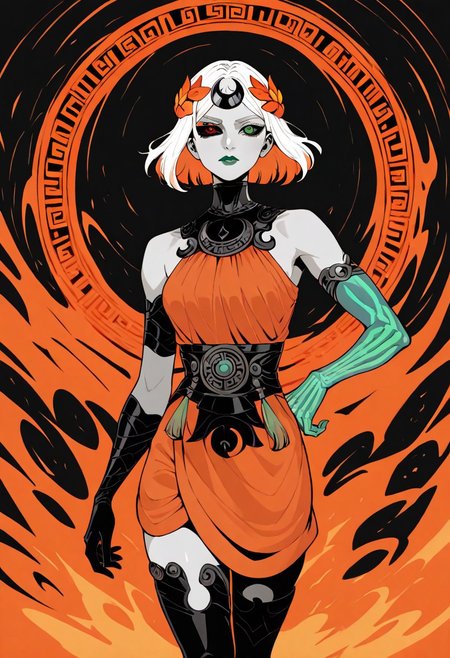 masterpiece, best quality, newest, absurdres, highres,  AGPV1.1, orange backgrond, monochrome,
1girl, melinoeehades-IL.V1.0, melinoe, green lips, hair ornament, laurel crown, heterochromia, green eyes, red eyes, mismatched sclera, black sclera,single elbow glove, skeletal arm