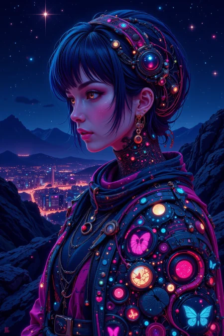 Omani beautiful  landscape, bright luminous starry night, woman, very intricate, very detailed, sharp, bright, colorful, <lora:Hand v2:0.5> <lora:Anti-Blur:1><lora:Insane Detail Slider:0.25>  <lora:flux.1_lora_flyway_Epic-detail_v2:0.3> <lora:fluxenhancer:0.25> <lora:Neurocore Anime Cyberpunk v2.0:1> A digital artwork in the style of cknc <lora:abyss-neon:0.6> bo-neon