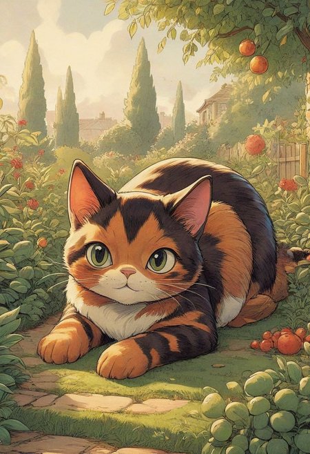 cartoon of cute tortoiseshell cat, lying on back, playful, quirky, 1940's cartoon, vintage cartoon, beautiful, detailed, garden background