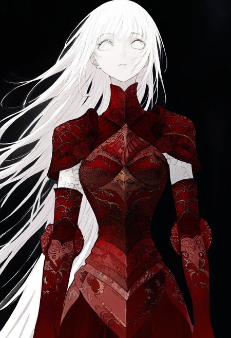 solo, looking at viewer, white eyes, plain black background, 1woman, solo, long white hair, pale white skin, red armor, masterpiece,best quality,very aesthetic,absurdres
 <lora:monfornoob:0.95>