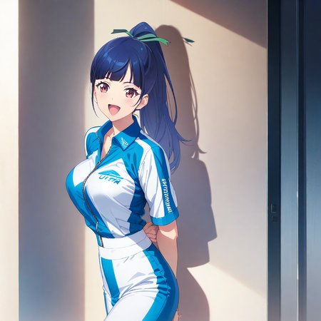 ami_tsuruga, red eyes, blue hair, ponytail, long hair, large breasts, racing queen, blue outfit, cowboy shot, 1girl, solo, portrait, smile, open mouth, hands behind back, <lora:XL-AmiTsuruga:1>, (masterpiece),(best quality),(ultra-detailed),(best illustration),(best shadow),(absurdres),(detailed background),(very aesthetic),