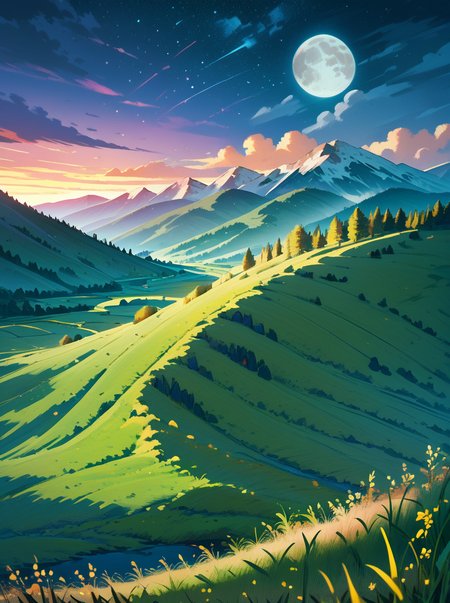 score_9, score_8_up, score_7_up, PDXL, <lora:Animeliner:1>, 
landscape, grassy fields, mountains in the background, twilight, moon