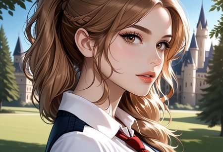 https://civitai.com/images/71069860
solo, (side view:1) masterpiece, best quality,masterpiece, best quality, good quality, very aesthetic, newest, 8K, depth of field, focused subject, BREAK, 1girl, hermione granger, brown eyes,close up, sexy lips, ecasagrande, looking at viewer, parted lips, flirty, 
(large breasts:1.2)
Hogwarts uniform, tie, school shirt,
Beautiful castle, trees, sunny, beautiful sky