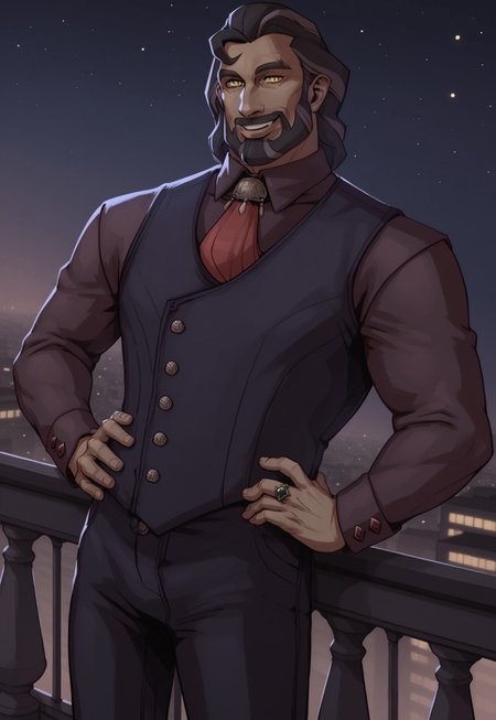score_9, score_8_up, Andromachos, medium hair, beard, facial hair, yellow eyes, vest, shirt, necktie, smile, looking at viewer, balcony, night, stars, city in the background, (leaning in front of the balcony, dynamic pose, dutch angle), ring, cufflinks, hands on hips, 