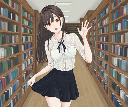 masterpiece, best quality, amazing quality, sfw, 1girl, solo,  looking at viewer,  shirt, , skirt, library,   open mouth <lora:Bunr18 style ILL:1> bunr18_style
