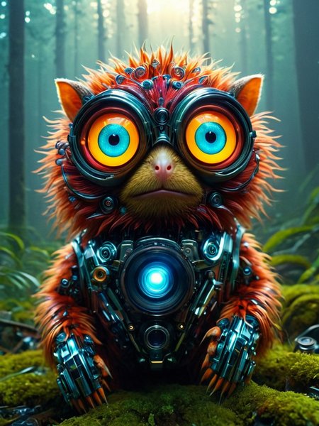 Psychedelic style A high definition epic photograph of (( A Tarsier robot with massive camera lenses for eyes capable of night vision and thermal imaging; its head rotates 180 degrees using gyroscopic mechanisms for precise scanning., Dressing up like characters from their favorite cartoons and reenacting scenes loudly at local cafes or parks, drawing amused glances from other patrons.)), Infront of Mysterious Foggy Marshland: Marshes enveloped in fog, creating an eerie yet beautiful atmosphere at dawn or dusk. in the background.Midnight Sun: The sun remains visible at midnight during summer months in polar regions like Norway or Alaska.(dynamic:1.1), sun rays,, (taken by 7.5mm fisheye lens:1.1),shots  showing emotions, shiny reflective metal, Mechanical elements, rainbow flare elements slightly.((Complex Machinery)) cyborg
 = ((Vivid, HDR, Canon50, 8K, Hyper Realistic, Dramatic, Epic, Dynamic Contrast, Cinematic Lighting, increased brightness)) (((Zoomed Out, Far away Shot))) = =. Epic dynamic lighting . =vibrant, highly detailed, psychedelic
((Vivid, Epic, Dynamic contrast)) (((Zoomed out, Far away shot, In frame)), 
<lora:juggernautXL_version6Rundiffusion:0.8> 
<lora:glowneon_xl_v1:0.6> glowneon, glowing, sparks, 
<lora:atlantysUltimanimeXL_atlasAtlantys:0.8><lora:epicrealismXL_v5Ultimate:0.8>
<lora:extremely_detailed:1>  <lora:eyetune:1>
<lora:TransformersStyleXL:0.8> TransformersStyle  <lora:SDXLFaeTastic2400:0.6> <lora:Dynamic Poses:0.8> <lora:crystalClearXL_ccxl:0.8>, - Generate images with sharp edges and fine details.
- Produce high-resolution images with no blurriness or distortions.
- Create images with clear and well-defined subjects.
- Ensure that the output images have crisp lines and distinct features.
- Generate images with vibrant colors and accurate tones.
- Avoid noise or artifacts in the generated images.
- Focus on producing clear textures and patterns in the images.
- Emphasize clarity and definition in all aspects of the generated images.
- Prioritize the sharpness and clarity of the main subjects in the images.
- Optimize the AI model to produce clear and visually appealing images., Wlop . Vibrant colors, swirling patterns, abstract forms, surreal, trippy