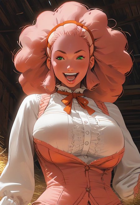 score_7_up, source_anime, uncensored, BREAK,((pink skin)),  ((solo)),
PMLenora, green eyes, big hair, afro, hairband, large breasts,
 ((bimbo)), ((pink skin)), standing, laughing, breast squeeze, glossy skin, barn background, barn, stall, hay in background, steel horizontal bars,giver pov