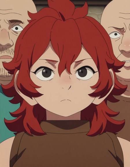 masterpiece, best quality, amazing quality,, <lora:namari-s1-illustriousxl-lora-nochekaiser:1>, namari, hair between eyes, red hair, black eyes, medium hair, mature female, medium breasts, anime screencap,, <lora:faceless-ugly-man-illustriousxl-lora-nochekaiser:1>, faceless ugly man, faceless, ugly man, fat, faceless male, fat, bald, mature male,,