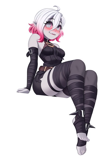 masterpiece,best quality,amazing quality, BREAK, BriarLoLILXL, grey skin, colored skin, no pupils, grey eyes, pink sclera, white hair, pink hair, two-tone hair, gradient hair, short hair, hair between eyes, ahoge, pointy ears, sharp teeth, medium breasts, bare shoulders, black thight dress, detached sleeves, black bandaged sleeves, black shorts, belt, (black bandaged legwear), toeless legwear, (solo), sitting, ((bellow view)), looking at viewer, seductive smile, naughty face, nose blush, white background, simple background  <lora:BriarLoLILXL:1>, SaymanStyleILXL <lora:SaymanStyleILXL:1>