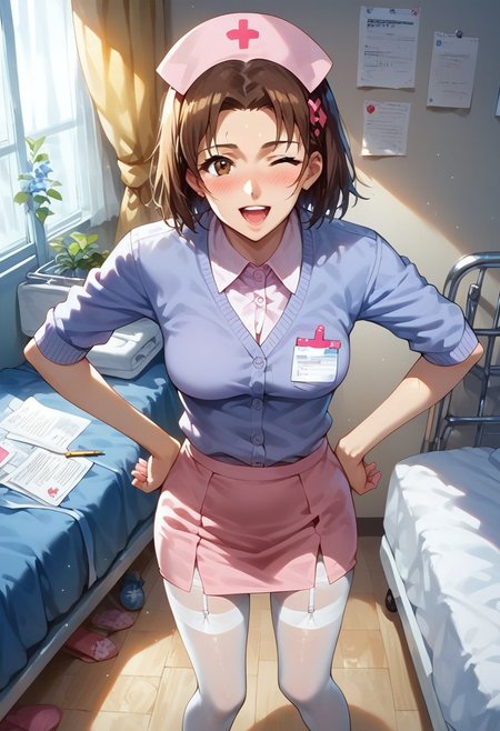 score_9, score_8_up, score_7_up, 1girl, extreme detail, solo, standing, looking at viewer, thigh gap, sexy legs, three quarter picture, pantyhose, legs apart, perfecteyes,   garter belt, hospital, inside, hospital setting, hospital bed, hands on hips, happy, open mouth, wink, view from above, petite, skinny, slim, small breasts, Nijihara_Yayoi,1girl, brown hair, brown eyes, nurse cap, pink shirt, nurse, blush, pink skirt, purple cardigan, impossible_shirt, white pantyhose, pencil skirt