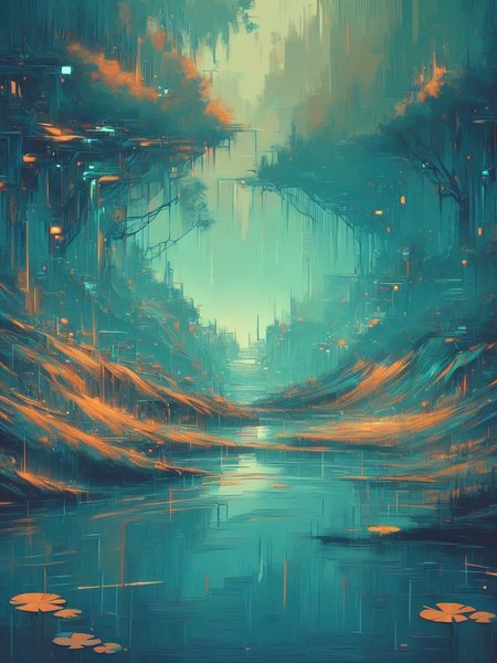 score_9, score_8_up, score_7_up,  dusk in lush forest, small pond, cyberpunk <lora:Neon_Cyberpunk_Impressionism_Pony:1>