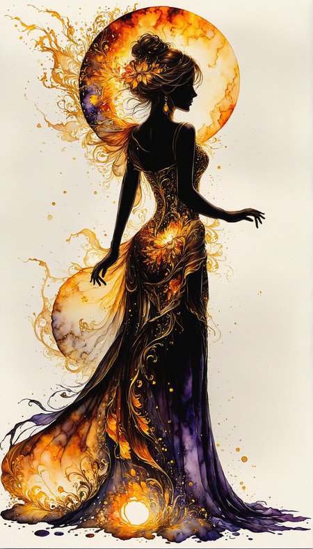 Silhouette Art, breathtaking (realistic FaeTastic extravaganza alcohol ink sketch). amazing, lovely, awe-inspiring, mesmerizing, radiant, magnificent, luxurious, fine, detailed, masterpiece. (all dark hues and fine vibrant orange glowing smoldering accent and shiny gold color scheme:1.02). glossy. full length shot.
<lora:InkArtXL_1.2:0.4> <lora:FaeTastic:0.39> . award-winning, professional, highly detailed . extremely high-resolution details, photographic, realism pushed to extreme, fine texture, incredibly lifelike, high contrast, well defined .