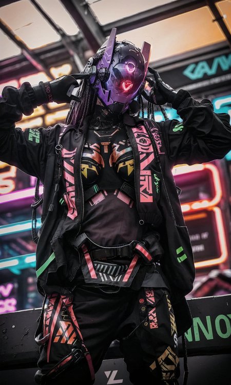 cyborg in cyberhelmet wearing techwear jacket lies, crowd, cyberpunk market stalls, neon lights, movie still, 90mm lens
<lora:techwear_clothes:0.7>  <lora:cyberhelmetWearable_cyberhelmetv02:0.9> <lora:webcams:0.3>
