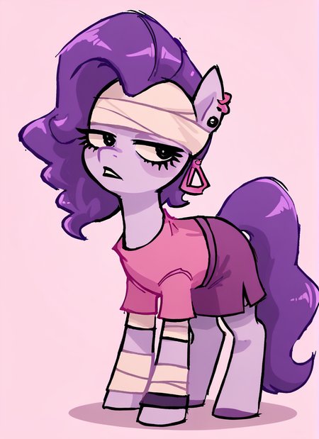 score_9, score_8_up, score_7_up,   <lora:bsemz:1>bsemz , 1 girl , purple skin , bandages ,Earrings , purple hair, skirt  ,cropped shirt , pink shirt  , <lora:SyrupyyyArt:1>syrupyyy , (horse girl,:1.2)  (pony girl:1.1)  pony