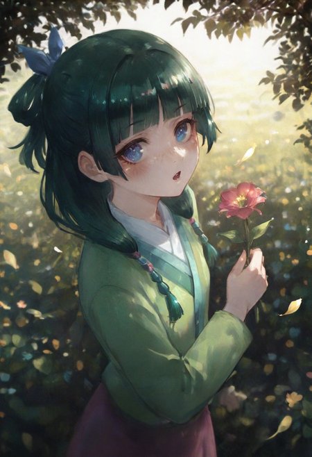 volumetric lighting, ambient occlusion, luminescent background, masterpiece, very awa, plants, flowers,
BREAK
dynamic pose,  looking at viewer, holding flower petal, from above, depth of field,  leaf, branch, blurry background, absurdres, masterpeice, best quality, very aesthetic
BREAK
maomao \(kusuriya no hitorigoto\),freckles, 1girl, dappled sunlight, multi-tied hair, solo, long sleeves, looking at viewer, green hair, blue eyes, open mouth, hair beads, blunt bangs, blush, pink skirt,hair over shoulder, eyelashes