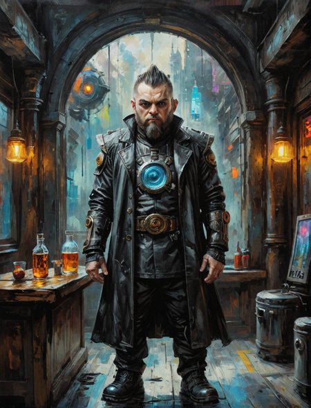 Oil painting of a oil painting of a futuristic dwarf warrior, black shirt, long coat, cyberpunk bar, large window background, hyper realistic, super detailed, Science Fiction, D&D, trending on art station, tb, <lora:ThickBrush:0.5> <lora:drkkaw_epoch_10:0.5>