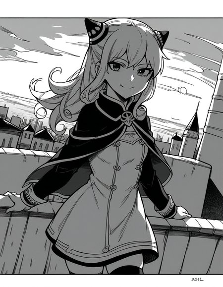 score_9, score_8_up, score_7_up, source_anime, <lora:ashe-talton-manga-ponyxl-lora-nochekaiser:1>, rengoku ashe, long hair, greyscale, monochrome,, thighhighs, long sleeves, capelet, cape, dress, white dress,, rooftop, sunset, cityscape, quiet moment, wind blowing, contemplative, smile, looking at viewer, solo,, cowboy shot, dutch angle