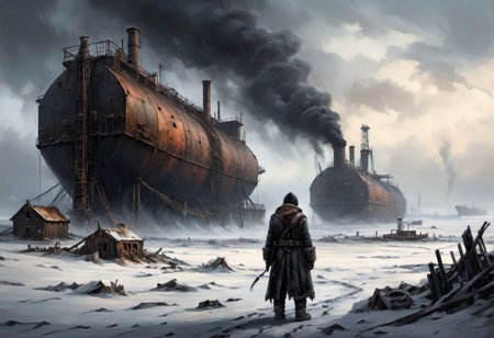 detailed oil painting, wide photo, landscape, masterpiece, trending, post apocalyptic frostpunk world, gloomy, wide shot, in the background far away a rusty (sea oil tanker) left in a frozen desert with engines running and lots of black smoke from the chimney, a man in a big fur coat looking in the distance, winter storm, some leftovers from buildings collapsed long ago
