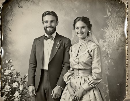 multiple boys, dress, formal, smile, shirt, long sleeves, beard, portrait husband and wife
sepia
vintage