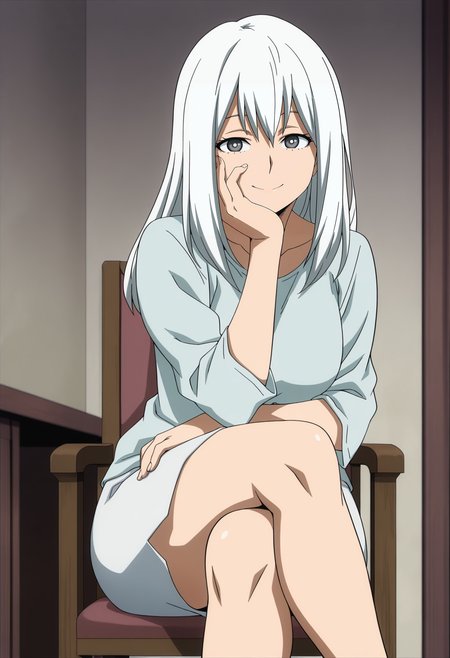 1girl,solo,mm,mature female,white hair,long hair,grey eyes,anime coloring,
shirt,skirt,sitting,on chair,looking at viewer, smile,hand on own face,indoors,crossed legs, 
,masterpiece,best quality,amazing quality,<lora:Rei_Todoroki-My_Hero_Academia:0.8>
