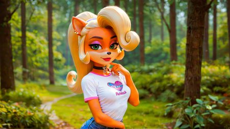 score_4,score_5,score_6,score_7_up,score_8_up,score_9 BREAK source_furry,1girl,solo,jewelry,earrings,long hair,breasts,choker,medium breasts,outdoors,smile,forest,high quality,bokeh,coco bandicoot,t-shirt,pants,lipstick,seductive smile,closed mouth,