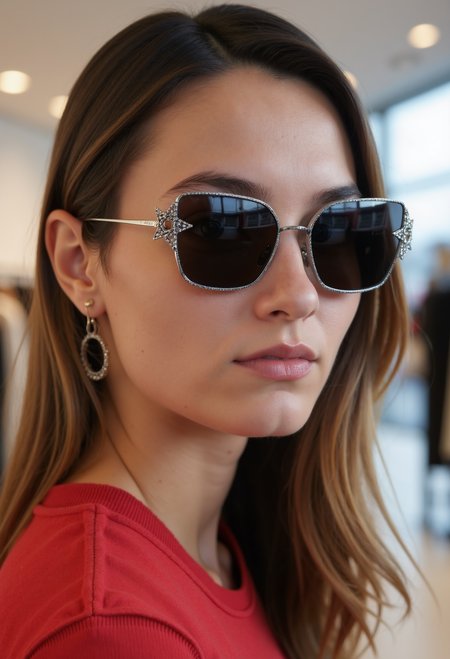 clo035, beautiful young woman, wearing a Christian Dior sunglasses with a metal frame and black lenses. The sunglasses have a star-shaped design. red form fitting top, black belt. looking in the camera, smiling, in a fashion store, front view