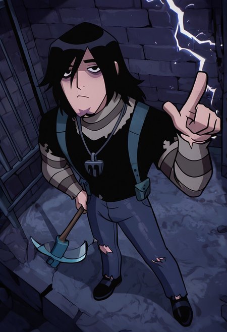 masterpiece, best quality, amazing quality, very aesthetic, absurdres, newest,
kevinov, black hair, bags under eyes, long hair, black eyes, necklace, goatee, layered sleeves, black shirt, long sleeves, short over long sleeves, torn clothes, striped sleeves, jeans, overall belt, 
dynamic pose, prison cell, dungeon cell, lightning, dark, no light, pointing to wall, from above, holding pickaxe,