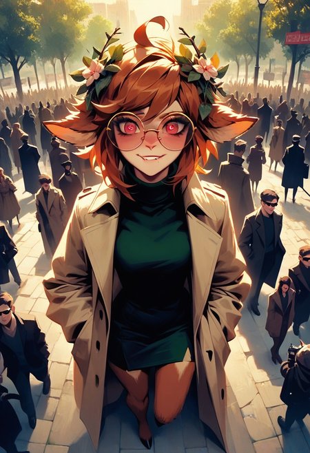 score_9, score_8_up, score_8, 
1girl, female, woman, female focus,
turtleneck, trench coat, round sunglasses, 
faun, 
heart shaped pupils, narrow eyes, ((lust)), biting lip, 
haze
tall girl, towering over crowd, wide lens, ((crowd))
fisheye lense, full body,