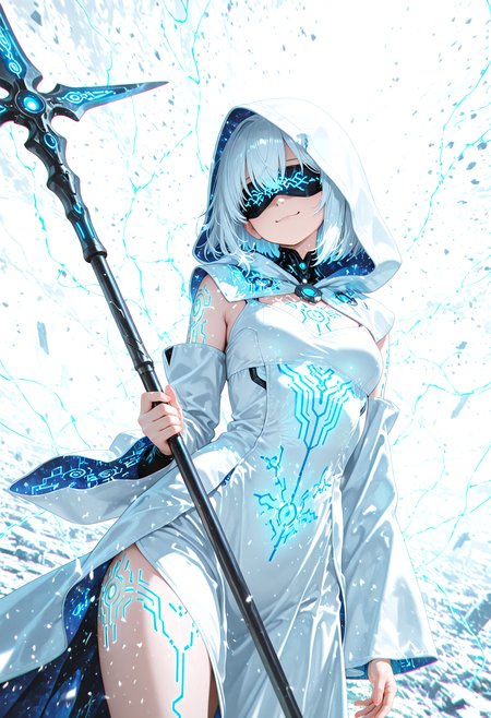 1gril, solo, dynamic angle, cowboy shot, action pose, glowing (circuit tattoo:1.2), robe, detached sleeves, hood up, noble, simulator, blindfold, covered eyes, shaded face, smug,  holding polearm, sanctuary, runes, (electricity:0.5), over technology, geometry, white theme, polarized, chromatic aberration, disintegration effect, (abstract expressionism:0.6), fantasy, science fiction, future, ancient, masterpiece, best quality, amazing quality, very aesthetic, absurdres, newest, <lora:circuit_tattoo:1>