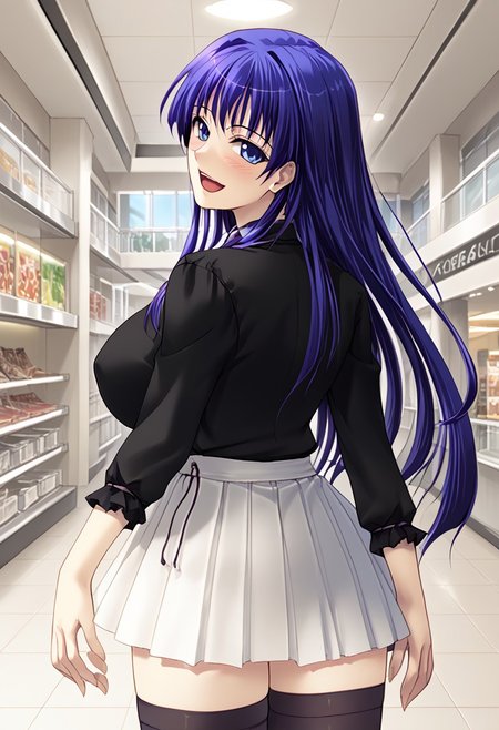 score_9,score_8_up,score_7_up,source_anime,5_figner,2d_animation,game cg,BREKE,
Shion Doll 007,
long hair,blue eyes,blue hair,purple hair,
1girl,solo,
black shirt,zettai ryouiki,black thighhighs,long sleeves,miniskirt,white skirt,shirt,open mouth,<lora:shaft-look-ponyxl-lora-nochekaiser:1>, shaft look, looking back, from behind, head tilt,
gigantic breasts,thick hips,thick thighs,thick waist,disproportionate breasts,huge areolae,
covered erectile nipples,covered the breast,curves,glamour,blush,smile,upper body,
,indoors, skylight, shopping mall,
masterpiece,best qualit,ultra-detailed,illustration,an extremely delicate and beautiful,beautiful detailed eyes,unity 8k wallpaper,high resolution,anime CG,official_art,