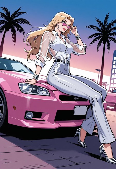 1girl, solo, detailed face, detailed eyes, Dazzler, blue eyes, blonde hair, long hair, thick thighs, medium breasts, toned female, collarbone, 
BREAK
see-through shirt, white buttoned shirt, collared shirt, long sleeves, see-through sleeves, white undershirt, glint, (star-shaped eyewear, pink-tinted eyewear), hoop earrings, silver bracelets, belt, high-waist pants, white dress pants, silver stiletto heels, pink lips, lipstick,
BREAK
dynamic pose, sitting, on car, on car hood, looking over eyewear, adjusting eyewear, sideways glance, looking at viewer, 
BREAK 
Outdoors, 80s, pink car, motor vehicle, sports car, (nissan skyline:1.4), (car out of frame:0.9), miami vice city, art deco neon hotels, palm trees, pink and teal sunset, urban environment, detailed background, 
BREAK
( fine texture, masterpiece, ultra-detailed, very aesthetic, absurdres, volumetric lighting, scenery, newest, absolutely eye-catching, rating_explicit),
BREAK.