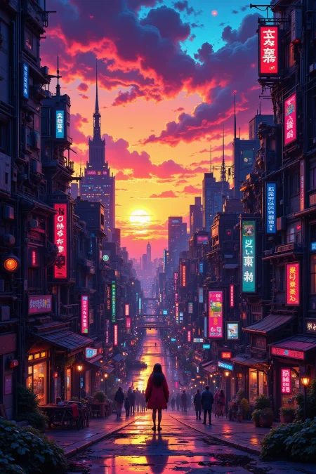 sky city beautiful  landscape, golden hour, woman, very intricate, very detailed, sharp, bright, colorful, <lora:Hand v2:0.5> <lora:Anti-Blur:1><lora:Insane Detail Slider:0.25>  <lora:flux.1_lora_flyway_Epic-detail_v2:0.3> <lora:fluxenhancer:0.25> <lora:Neurocore Anime Cyberpunk v2.0:1> A digital artwork in the style of cknc <lora:abyss-neon:0.6> bo-neon
