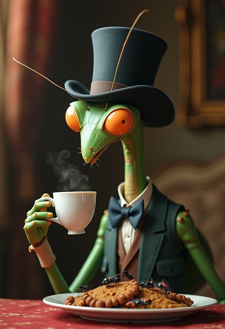 A very distinguished and well-dressed praying mantis wearing a top hat is drinking a nice cup of tea and enjoying a snack of flies and other insects. The room is elegant and palatial. His demeanor is sophisticated and refined.