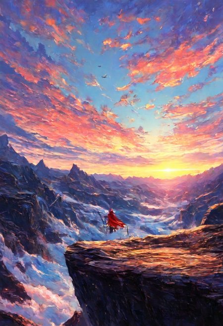 GOTPV1.0, rating_safe, breathtaking detailed, masterpiece, absurdres, awe-inspiring, best quality, vibrant colors, high_quality, best_quality, highres, 8k, fantasy landscape, epic mountains, glowing sunset, warrior and mage on cliff, long red cloak, shining armor, glowing magical staff, golden sunlight, dramatic clouds, river of light, high fantasy setting, cinematic composition, warm light, birds flying, wide angle, misty valley, atmospheric depth, magical atmospheret    <lora:IL_Gothic_Oil_Painting_-_IL-000011.safetensors:1.0:1.0>