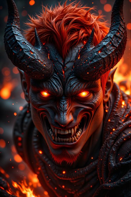 A hyper-realistic portrait, photorealistic photo close-up image of A close-up portrait of a male, with short, spiky red hair and dark, ashen skin, belonging to a race of volcanic spirits. He appears to be in his late 20s, his eyes glowing with molten fury beneath a jagged, horned mask. The mask is forged from volcanic rock, with sharp, jagged horns that jut out from the top, each one glowing faintly with the heat of the earthâs core. The surface of the mask is rough and uneven, with cracks that seep with molten lava, and from within, a low, rumbling growl can be heard. His lips are cracked and dry, and his eyes, visible through the mask, are filled with the fiery glow of molten rock. The background is a swirling inferno of deep reds and oranges, with flames and smoke rising up from the earth, creating a scene that is both intense and terrifying. The combination of the horned mask and the fiery background gives him the appearance of a dark, fiery spirit, risen from the depths of the earth to wreak havoc on the world above. (photography, high-resolution, dynamic, energetic,hyper-realistic, dramatic lighting, shallow depth of field.), detailmaximizer, MythP0rt<lora:midjourney_whisper_flux_lora_v01:0.55><lora:aidmaMJ6.1-FLUX-V0.1:0.4><lora:FluxMythP0rtr4itStyle:0.4><lora:detailed_flux_ntc:2.2><lora:aidmaImageUpgrader-FLUX-V0.1:0.65>