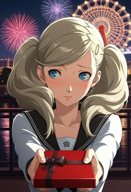masterpiece,best quality,amazing quality,anime coloring, anime screencap, official art, 
Ann Takamaki, persona 5, school uniform, 
standing, (shy),looking at viewer, Blonde Twintails, Light Blonde, wind, upper_body,gift box, holding gift close, Accepting gift, looking away, outdoors, night, city lights, full moon, backlighting, fireworks, Ferris wheel,photo background,realistic background, reflection, POV,