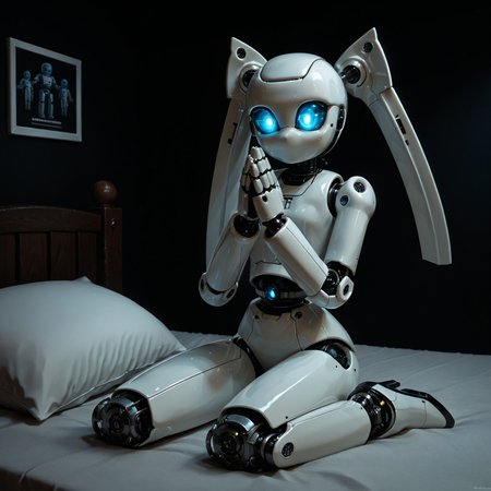 embedding:urn:air:sd1:embedding:civitai:222256@250708, [[drosselvonflugel]],sitting on bed, dark room lonely pose, perfect hands praying, warm photo, score_9,score_8, detailed closeup, hands beckoning, cute robot girl, medium twintails, glossy white plastic body panels, LED optic eyes, Roboticizer,atompunk