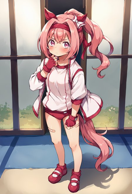 score_9, score_8_up, score_7_up, uncensored, source_anime, 1girl, <lora:spatahutaStyleXLPony:1> by atahuta,  <lora:umamusume_haruurara_ponyXL:1> haru urara, ponytail, hair bow, white bow, headband, animal ears, ear covers, symbol in eye, flower in eye, horse tail || gym uniform, white jacket, track jacket, open jacket, white shirt, red gloves, fingerless gloves, red buruma, bandaid on leg, arm at side, blush, closed mouth, hand up, looking at viewer, looking to the side, sideways glance, solo, standing, crown, full body, pelvic curtain, thirsty