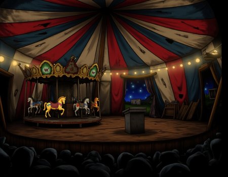 Tony_Tough_Art_Style, Inside the circus tent, everything feels old and forgotten, as if the show left town years ago. The striped canvas walls are faded, with patches and tears revealing the night sky beyond. In the center of the tent is a rusted, squeaky carousel with mismatched, painted horses, some missing eyes or limbs. A ringmaster’s podium stands empty, covered in dust, and the seating around the ring is tattered and falling apart. Dim lights flicker around the tent's edges, casting long shadows that make the entire space feel ghostly, yet full of past excitement. The air smells faintly of popcorn, but the overall atmosphere is one of nostalgia and melancholy.