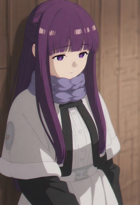 masterpiece, best quality, amazing quality,,, shiny skin,,,,,,, <lora:Fern:1> f3rn, fern (sousou no frieren), long hair, purple hair, blunt bangs, sidelocks, straight hair, purple eyes,, capelet, white capelet,white dress, black coat, purple scarf,
