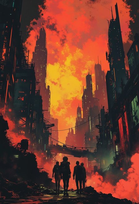 A digital painting in the style of ck-js, gradient of vibrant neon colours, the image features intricate towers and skyscrapers in a futuristic alien cityscape, sunset, mist