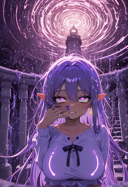 barefoot, pointed_ears, tan skin, amazing quality, earrings, sagging breasts, cropped_top, anime character, motion_lines:1.1, ambient occlusion, slime_(creature), Half-lying with upper body propped on elbows, mini_skirt, escort, Lavender Theme, depth of field, long hair, Lilith Asami, Purple hair, Rolling eyes, glow, very aesthetic, portrait, motion_blur:1.1, stormy, nail_polish, bow, RTX, masterpiece, best quality, ink in water, soft vignette, polarized, 8K, long_nails, ultra-detailed, newest, absolutely eye-catching, suggestive, 1girl, Lighthouse interior spiral staircase, elf_tunic, absurdres, Elegantly disheveled, medium breasts